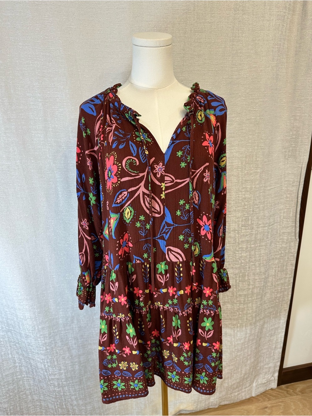 Easel, Boho, Cottagecore, Long Sleeve Brown Dress with Pink & Blue Floral